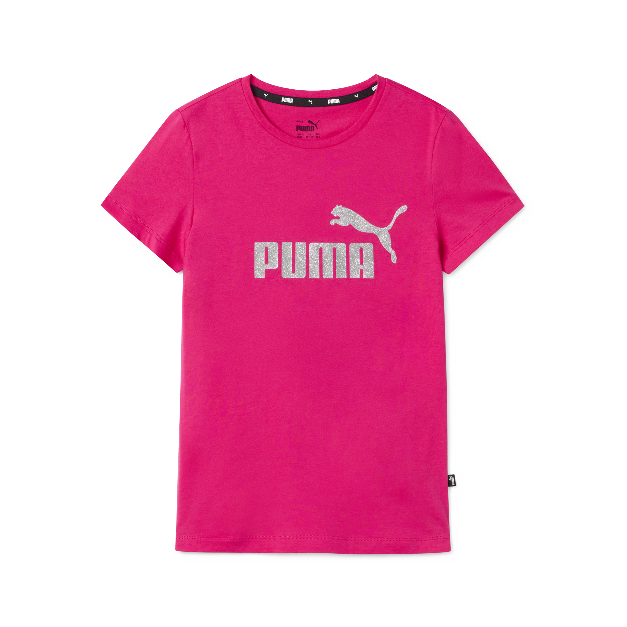 T-shirt fucsia da bambina con logo grigio glitterato Puma Essentials +, Abbigliamento Sport, SKU a752000055, Immagine 0